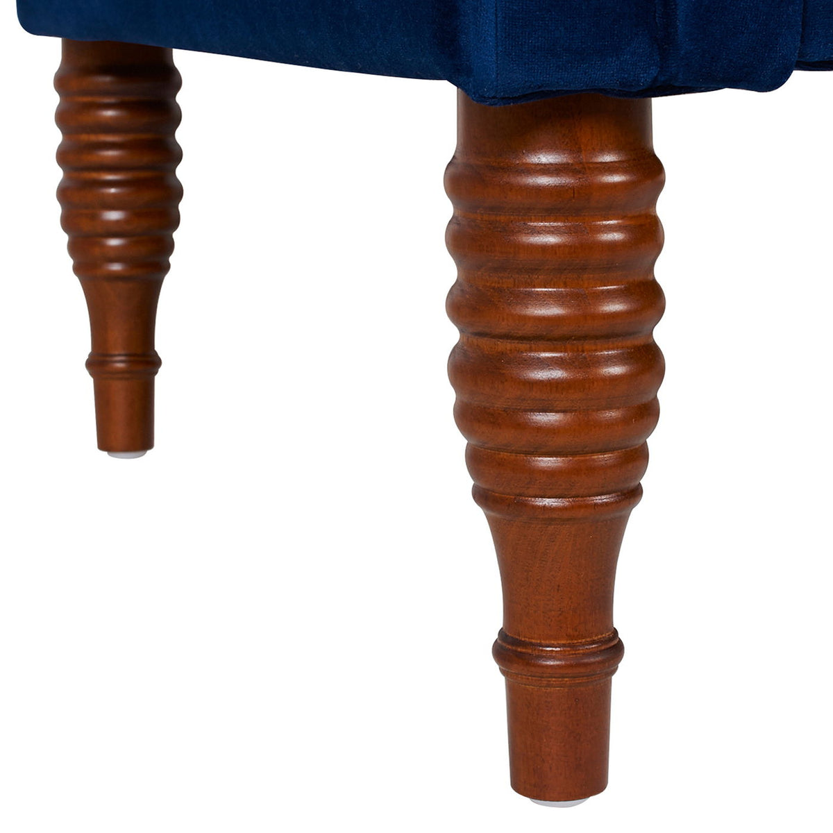 HouseOfZazla chaise lounge leg detail with dark wood ribbed turned legs and blue fabric on Tampa Home & Garden Store