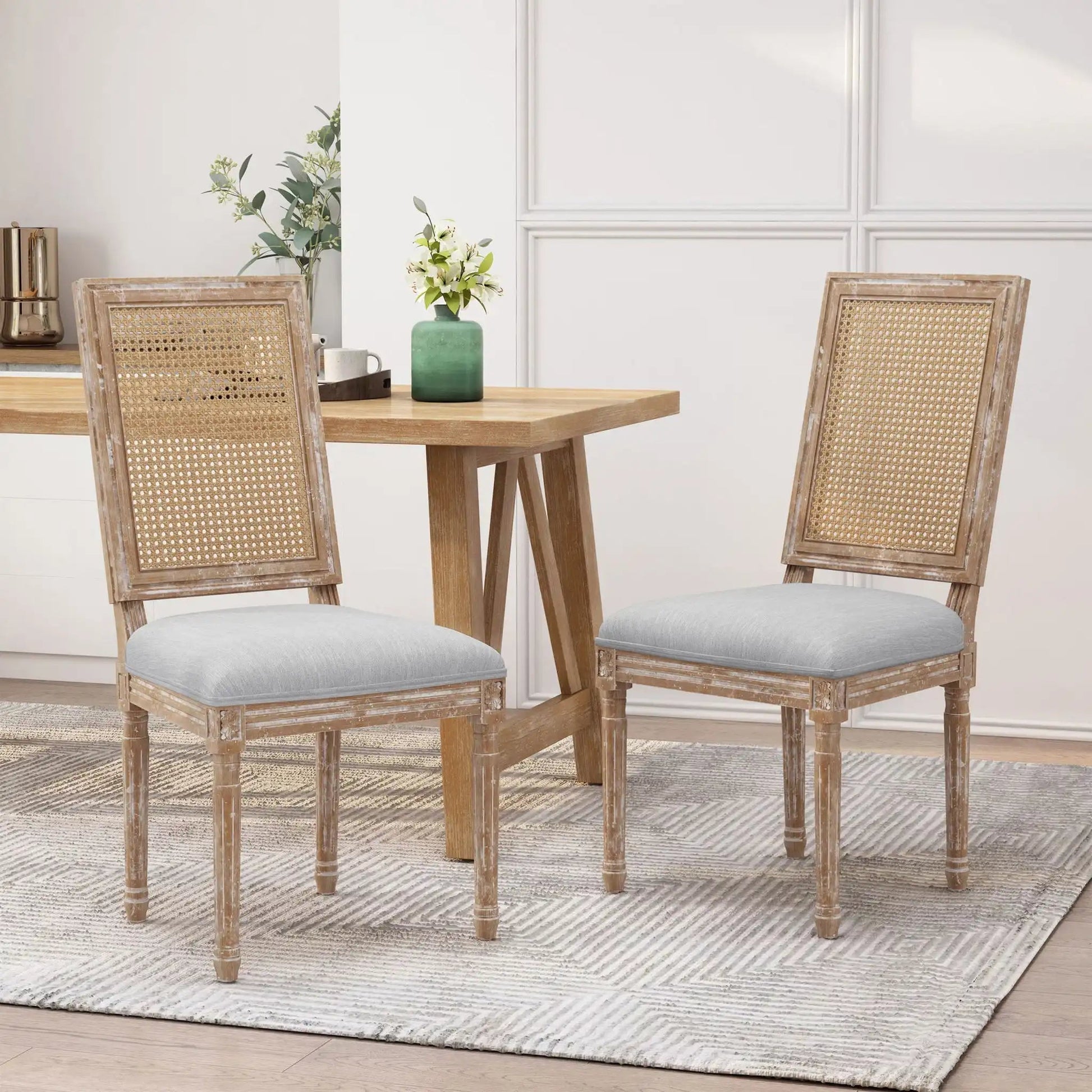 French Country dining chairs set of two with rectangular cane backrests and smooth gray upholstered seats on Tampa Home & Garden Store