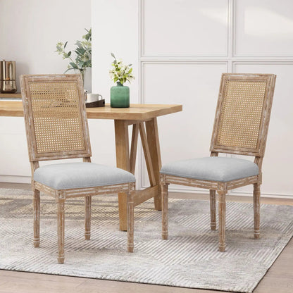 French Country dining chairs set of two with rectangular cane backrests and smooth gray upholstered seats on Tampa Home & Garden Store