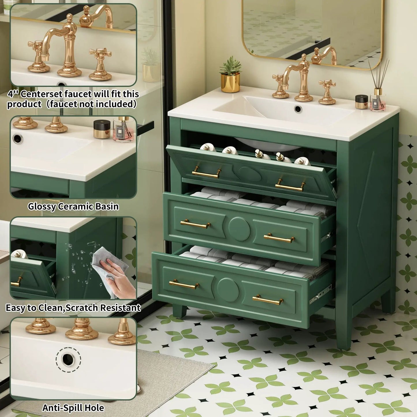Retro bathroom vanity with sink, freestanding green unit with 3 drawers by Unique Piece Furniture on Tampa Home & Garden Store