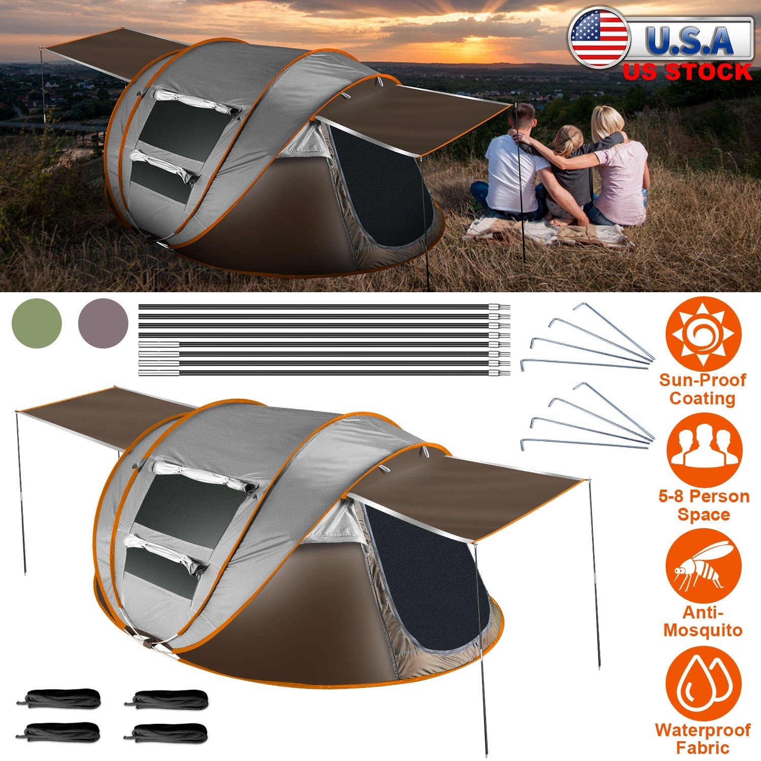 GemGear 3-4 Person Pop-Up Tent gray with orange trim, automatic setup, 2 mosquito-net windows on Tampa Home & Garden Store