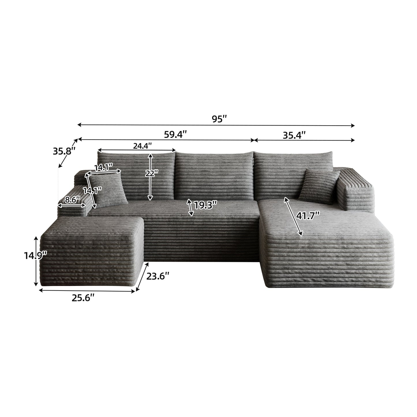 95-inch Cloud Sectional Sofa with Ottoman by HouseOfZazla in gray textured fabric on Tampa Home & Garden Store