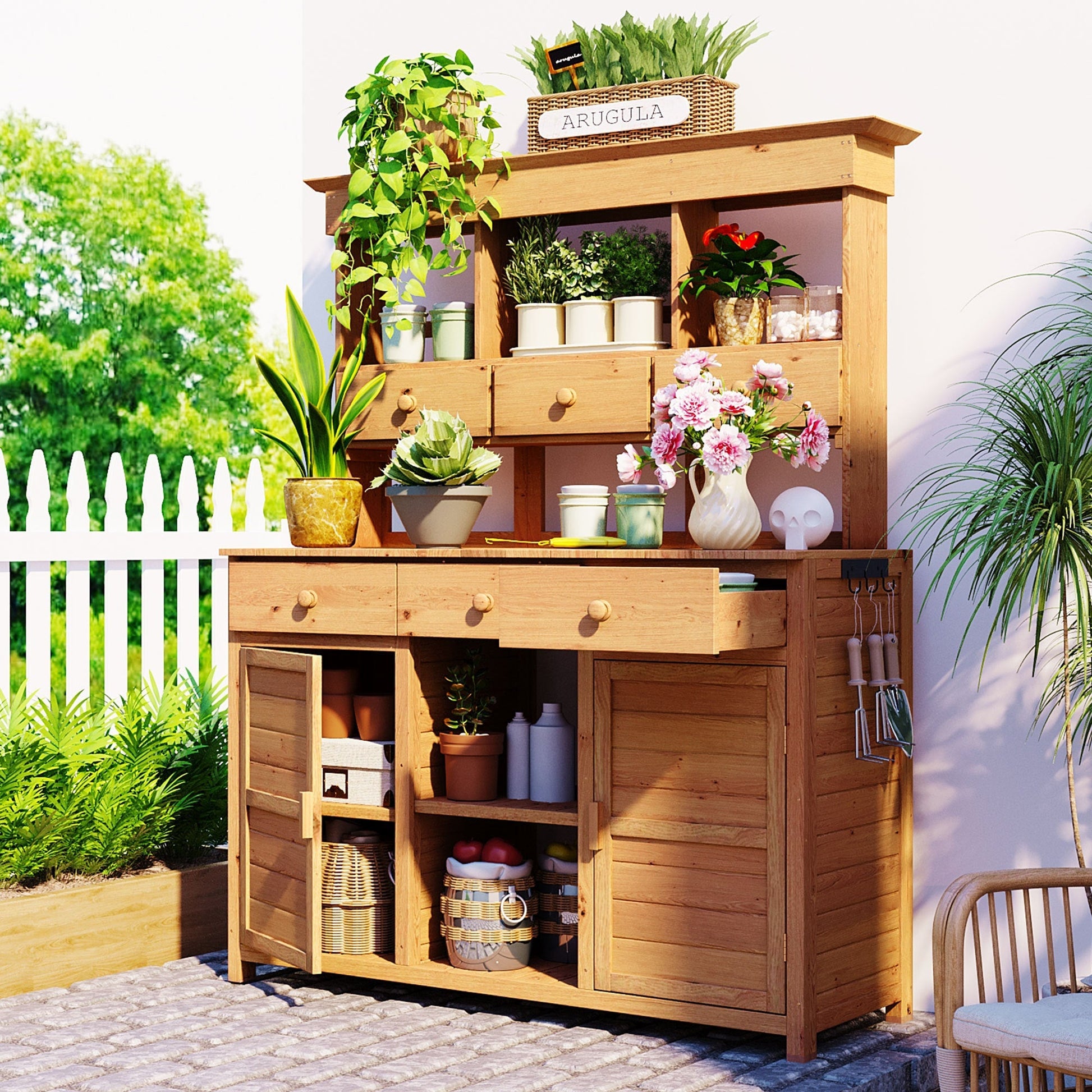 TOPMAX 65.7'' tall wooden garden potting bench with hutch, a multi-shelf workstation for plants on Tampa Home & Garden Store