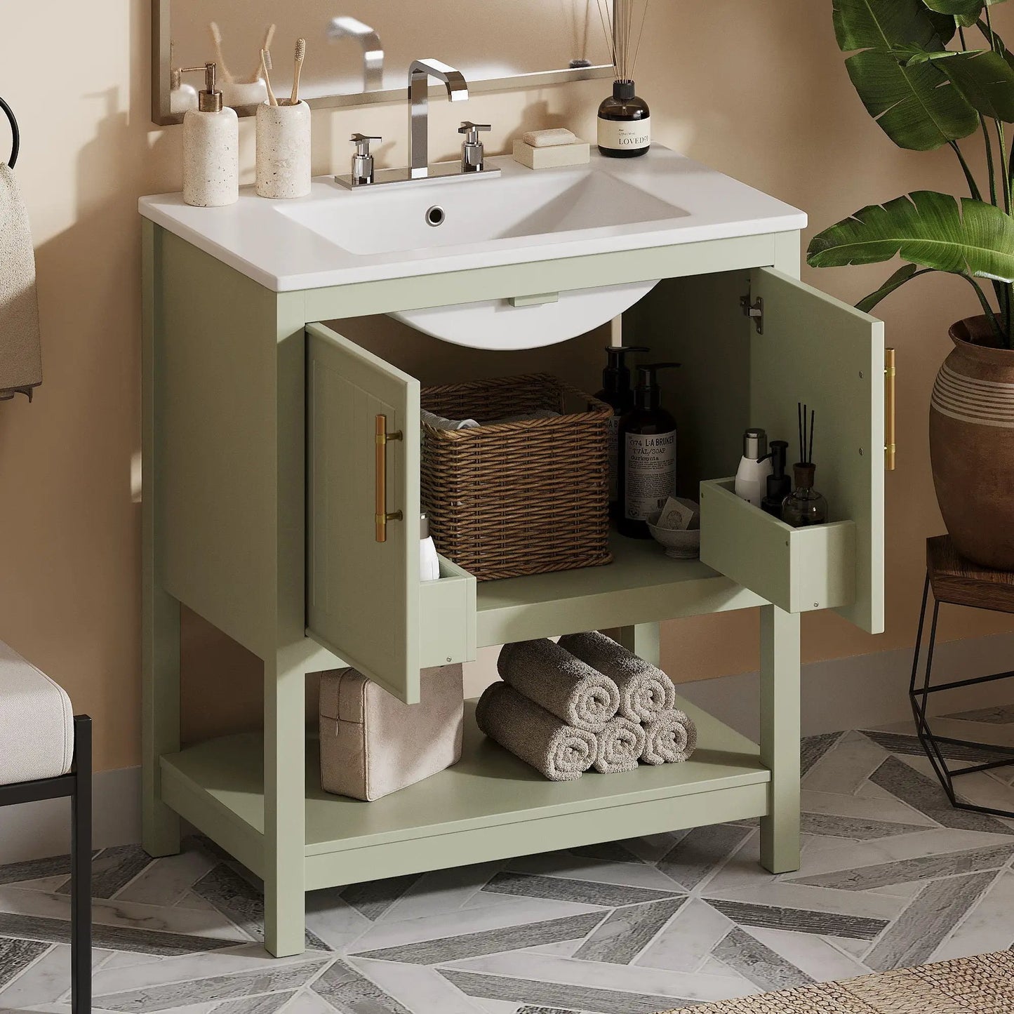 Elegant Vanity with Ceramic Sink and Storage