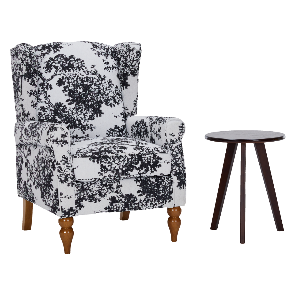 Coffee Table & Armchair Set black-and-white armchair with wooden legs beside a round table on Tampa Home & Garden Store