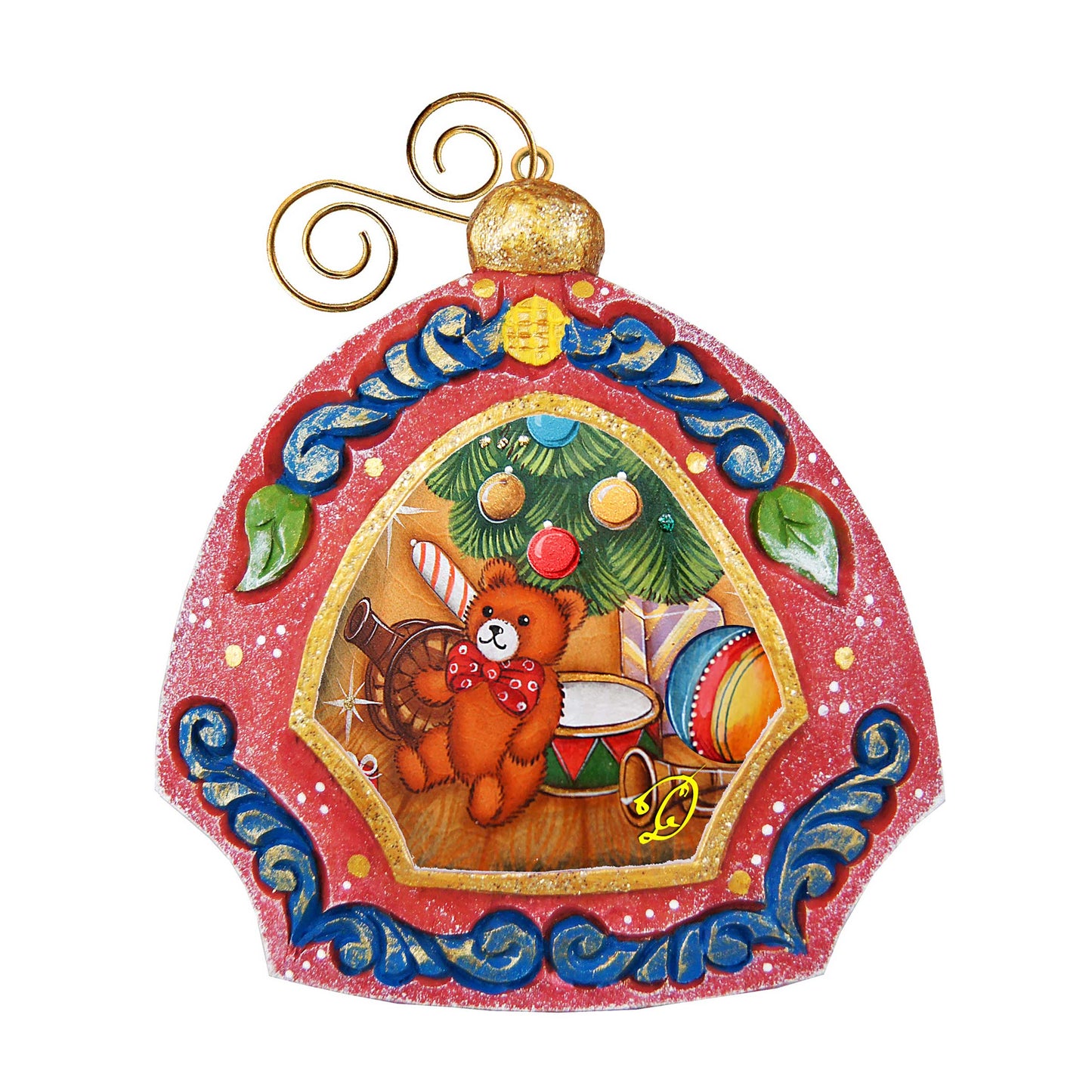 Teddy Bear Medallion Ornament by G. DeBrekht, sculpted hand-painted red arch holiday decor on Tampa Home & Garden Store