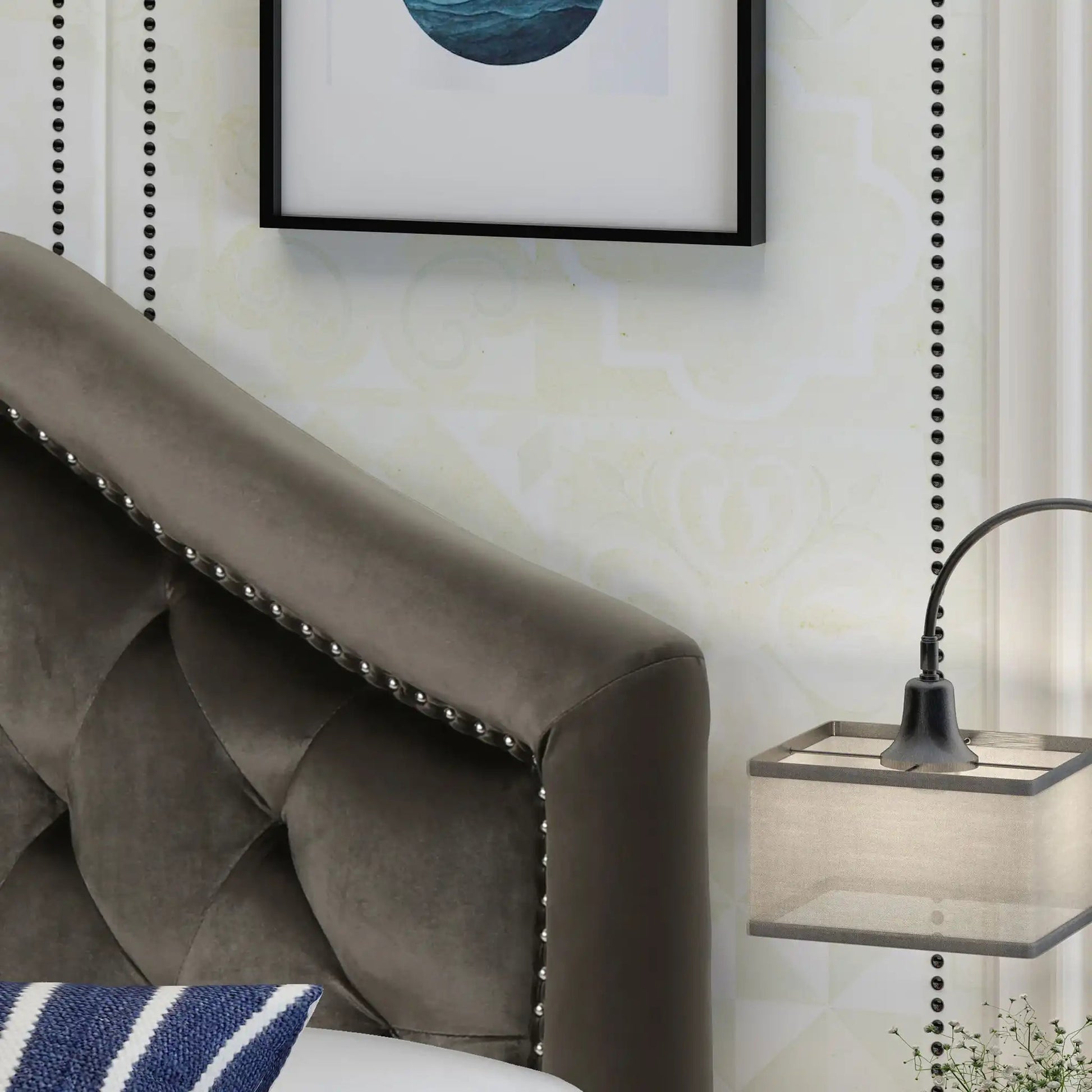 Kaarina Tufted Fabric Headboard in dark gray with diamond tufting and nailhead trim on Tampa Home & Garden Store