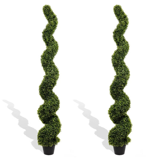 Artificial outdoor UV resistant plastic boxwood spiral topiary trees in black pots (set of 2) on Tampa Home & Garden Store