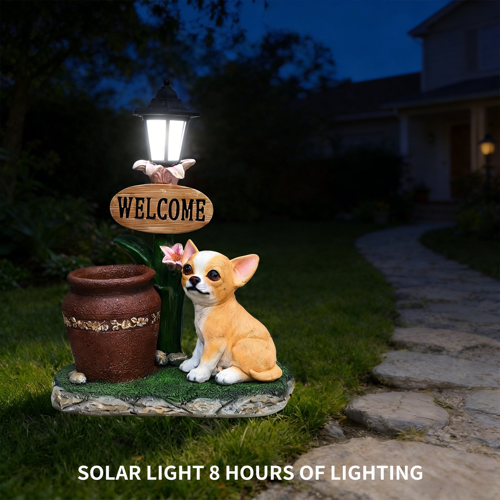 Sitting Corgi Dog Planter statue by HouseOfZazla with lantern and wooden Welcome sign on Tampa Home & Garden Store