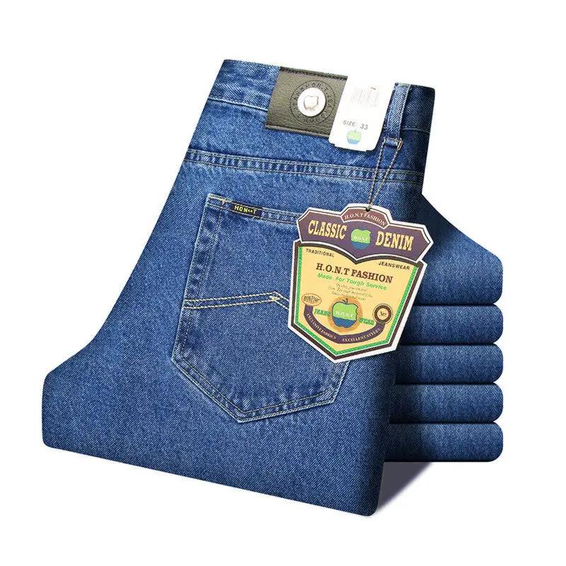 Men's retro straight-leg denim jeans FLIPSTYLEZLLC folded with patch label on back pocket on Tampa Home & Garden Store