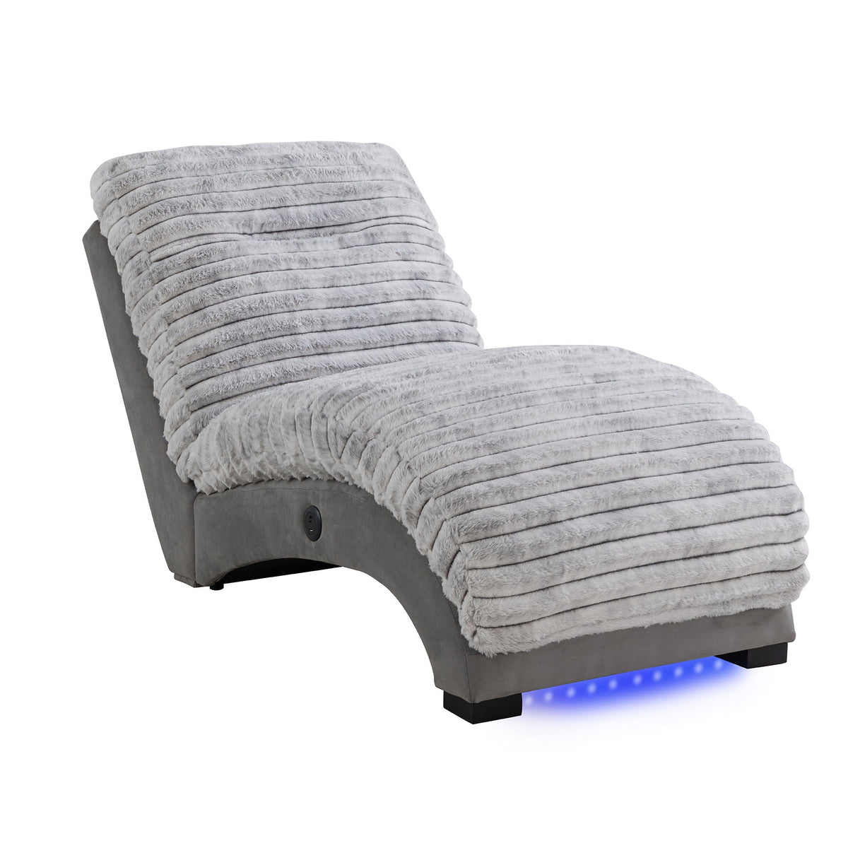 HouseOfZazla accent chaise in gray plush faux-fur with USB port and blue LED light bar on Tampa Home & Garden Store