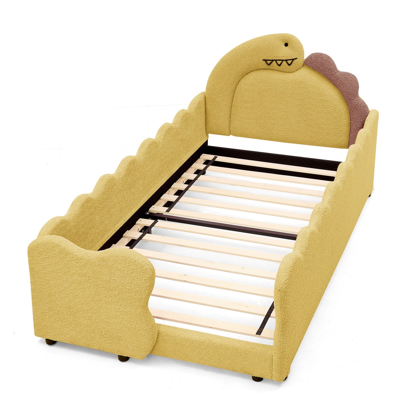 Twin size dinosaur-shaped kids bed with safety guardrails, yellow textured upholstery on Tampa Home & Garden Store