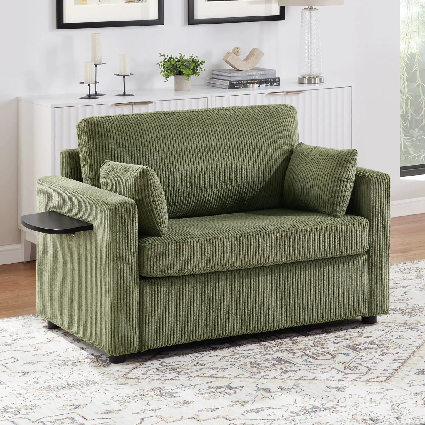 Sleeper sofa in green corduroy with foldable mattress, built-in side table and USB ports on Tampa Home & Garden Store
