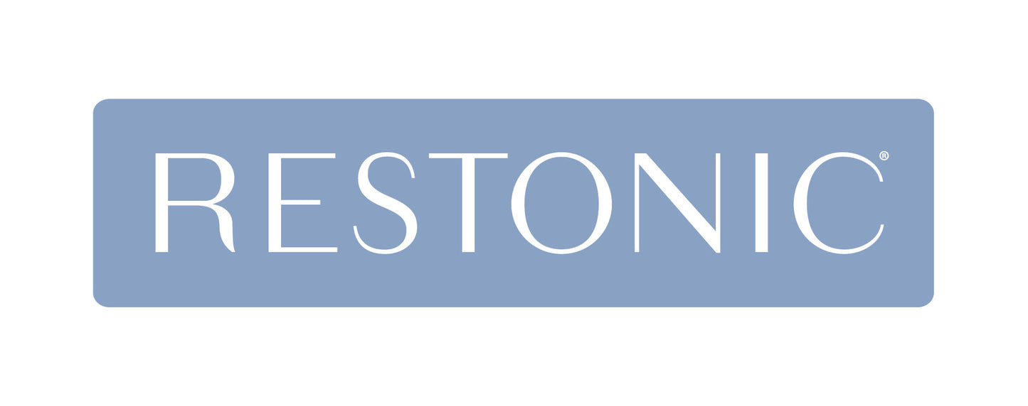 Mattress brand logo Restonic on blue rounded-rectangle background on Tampa Home & Garden Store
