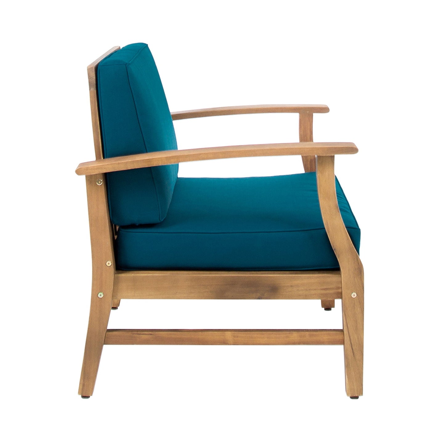 Perla contemporary club chair with teal water-resistant cushions and natural wood frame on Tampa Home & Garden Store