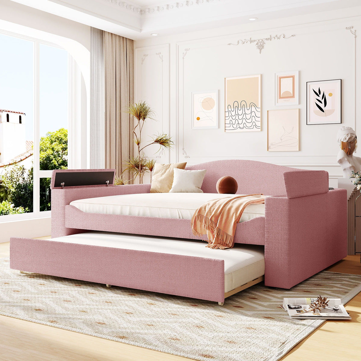 Upholstered daybed HouseOfZazla in pink with storage armrests and pull-out trundle on Tampa Home & Garden Store