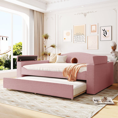 Upholstered daybed HouseOfZazla in pink with storage armrests and pull-out trundle on Tampa Home & Garden Store