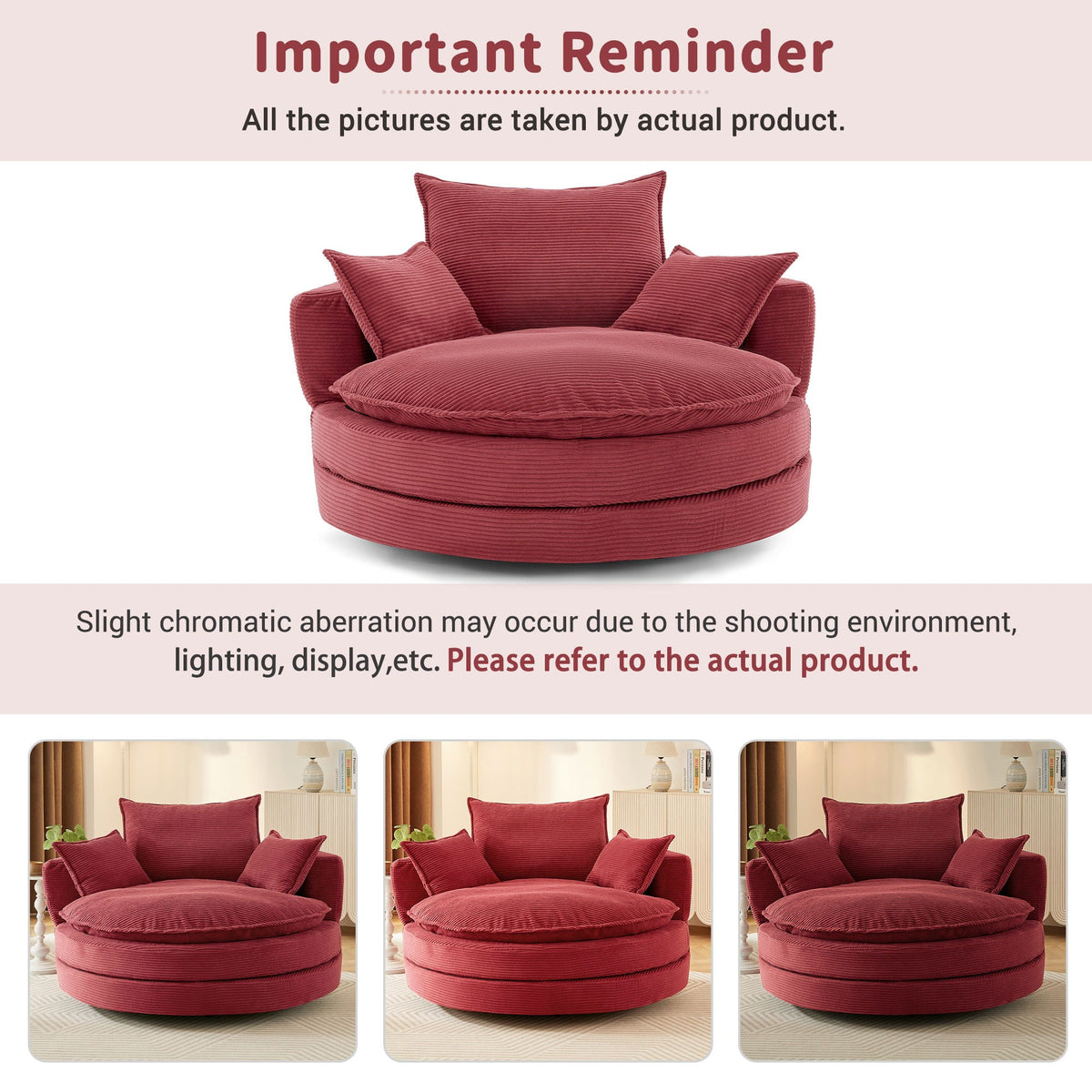 Swivel barrel chair with cushion and pillows in red corduroy fabric on Tampa Home & Garden Store
