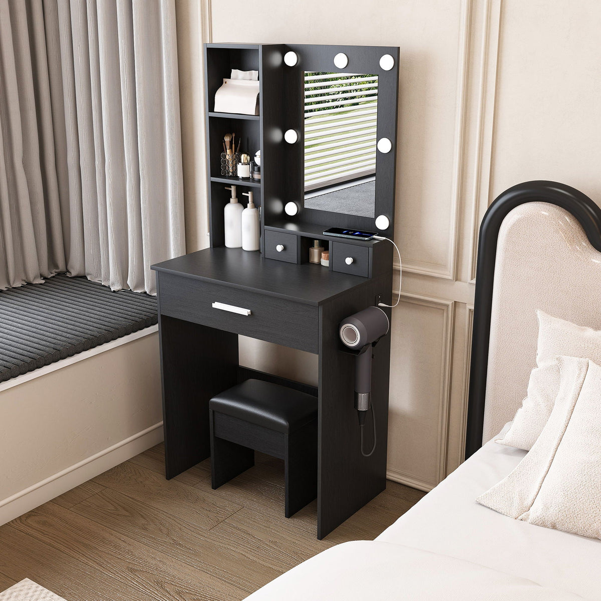 Vanity set in black wood with mirror and LED bulbs, storage shelves and drawers, stool on Tampa Home & Garden Store