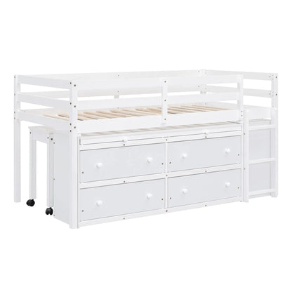 Loft bed with retractable desk and four drawers, white frame with side desk extension and shelves on Tampa Home & Garden Store