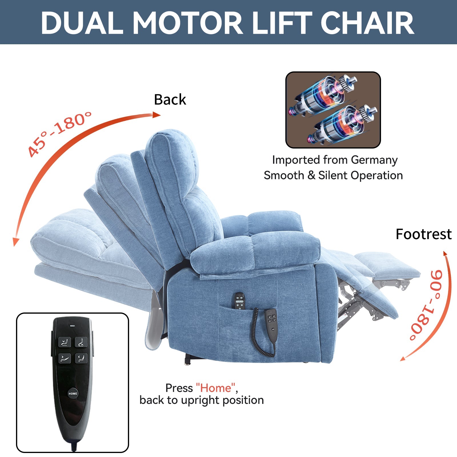 Blue heat massage dual-motor lift recliner chair by HouseOfZazla with remote control on Tampa Home & Garden Store