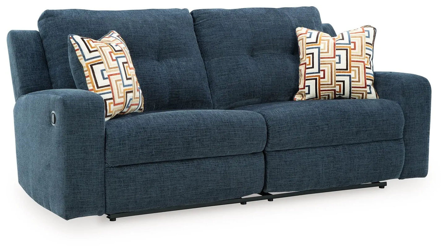 Danum 2-Seat Reclining Sofa in blue fabric with throw pillows by Unique Piece Furniture on Tampa Home & Garden Store