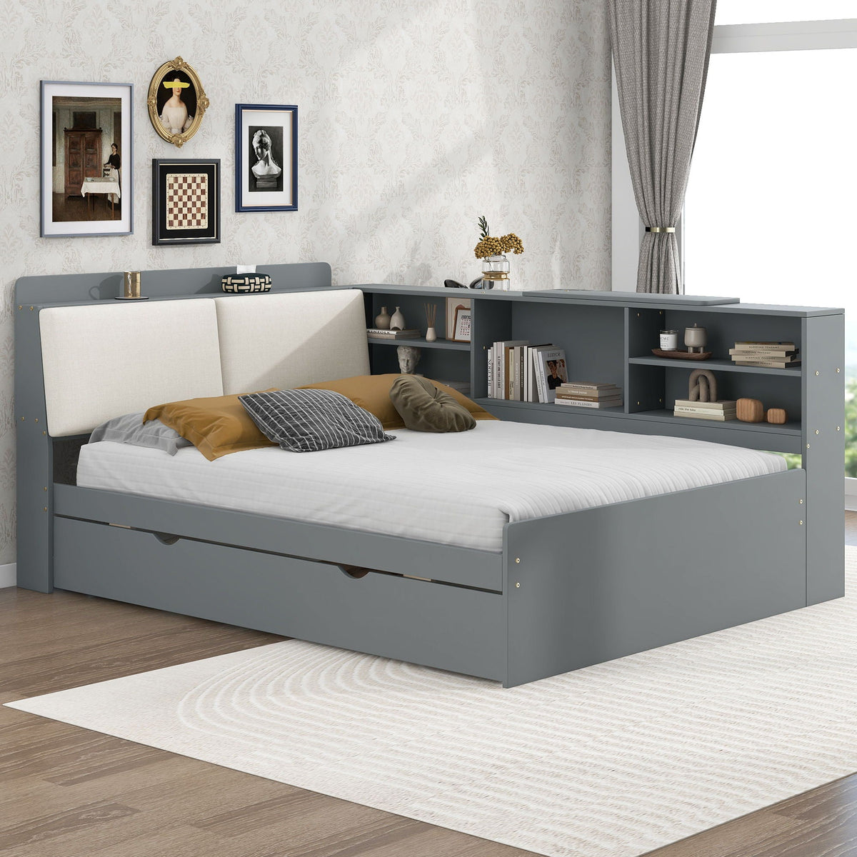 Platform bed with trundle, shelves, and storage headboard in gray by HouseOfZazla on Tampa Home & Garden Store