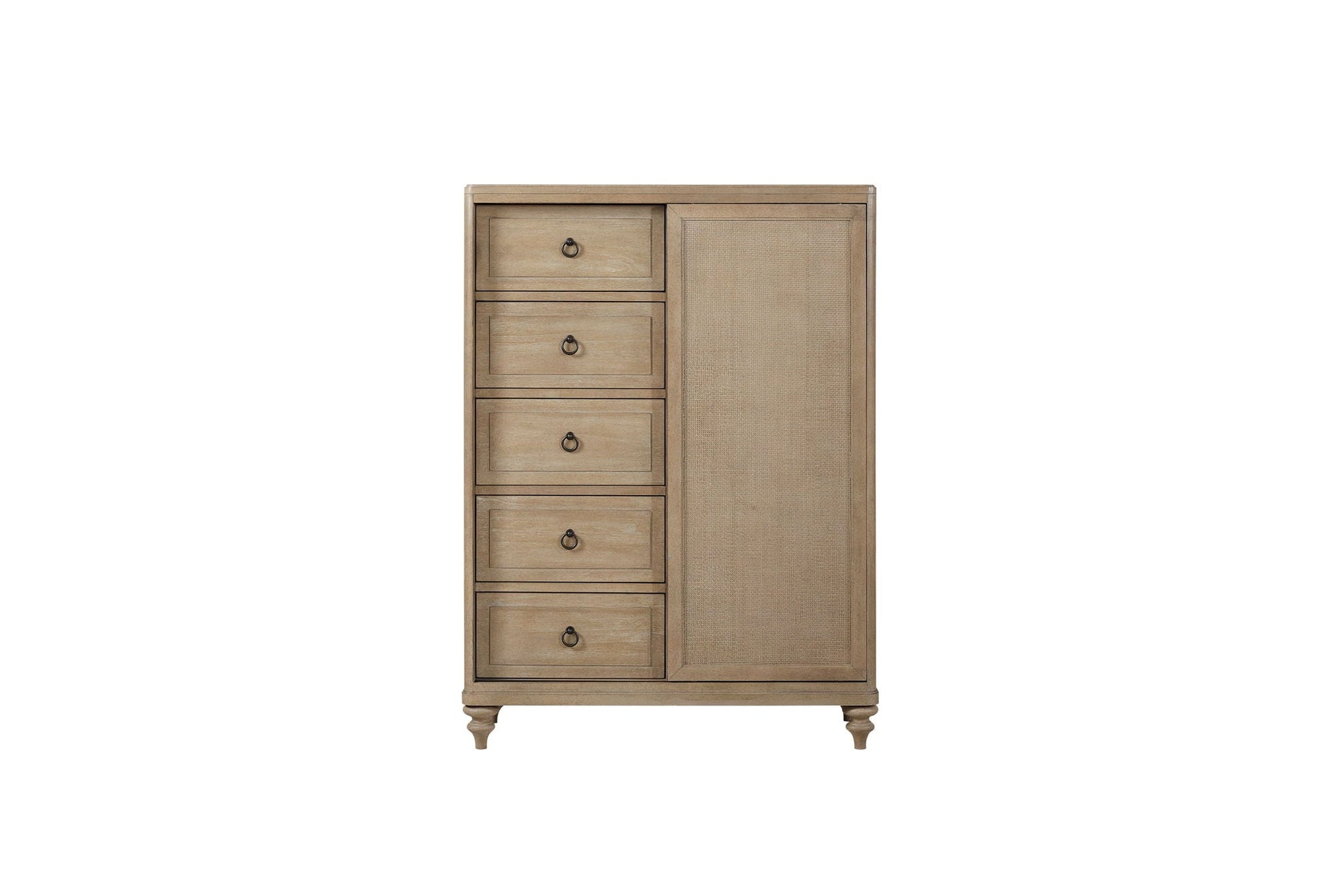 Dresser in sand finish by HouseOfZazla with a caned panel door and five drawers on Tampa Home & Garden Store
