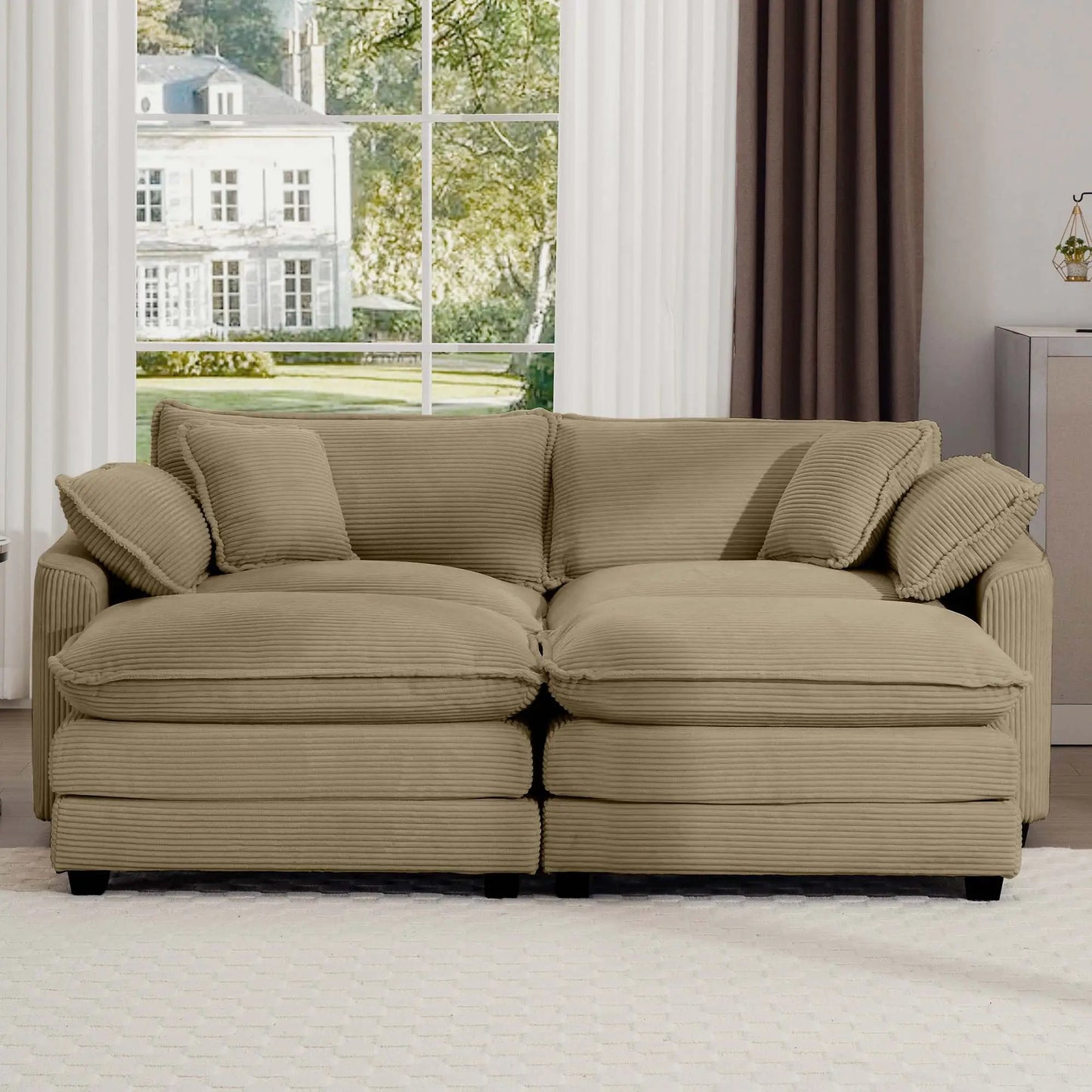 Modern oversized modular cushion sofa with ottoman in beige fabric, low back, deep seating on Tampa Home & Garden Store