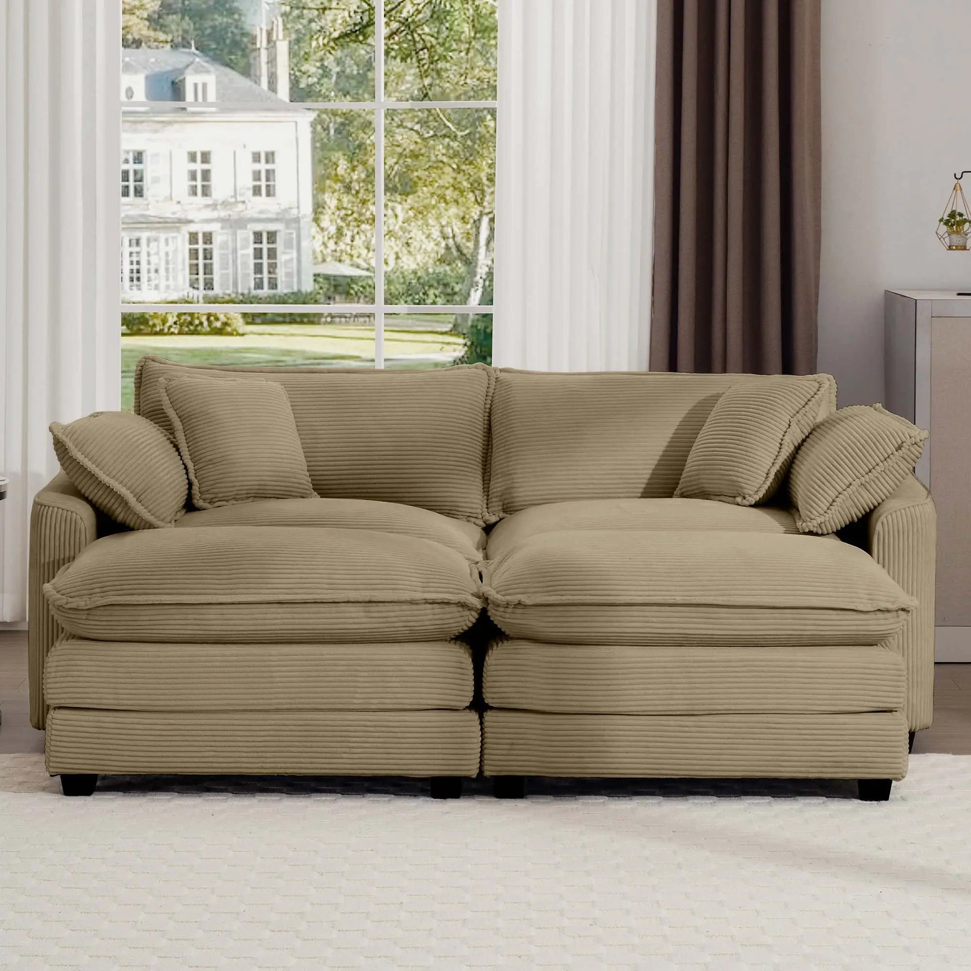 Modern oversized modular cushion sofa with ottoman in beige fabric, low back, deep seating on Tampa Home & Garden Store