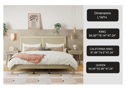 Solid Wood Platform King Bed With Rattan by HouseOfZazla with woven cane headboard in light wood on Tampa Home & Garden Store