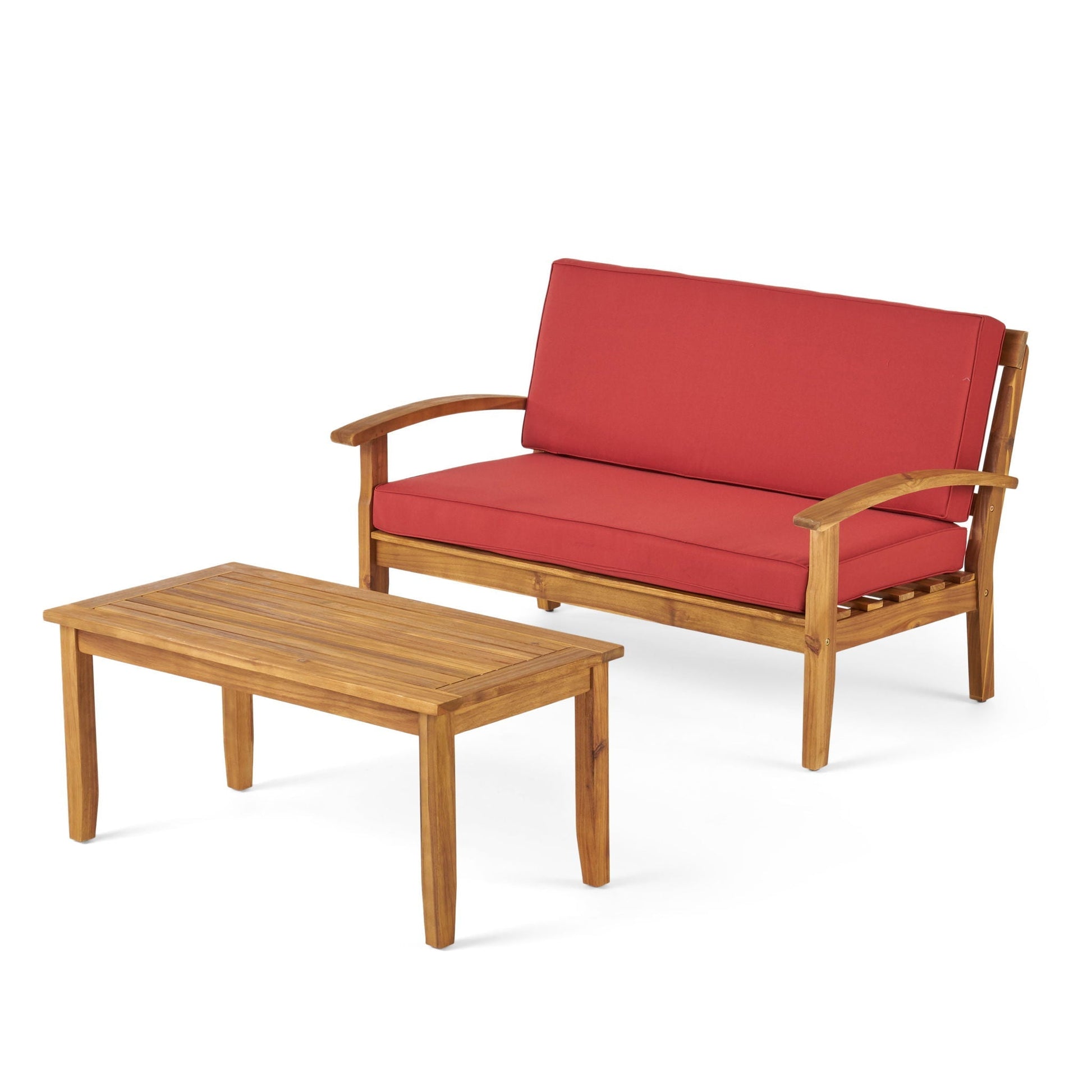 Outdoor Chat Set With Coffee Table and Loveseat, red cushions, wooden frame, 2-piece on Tampa Home & Garden Store