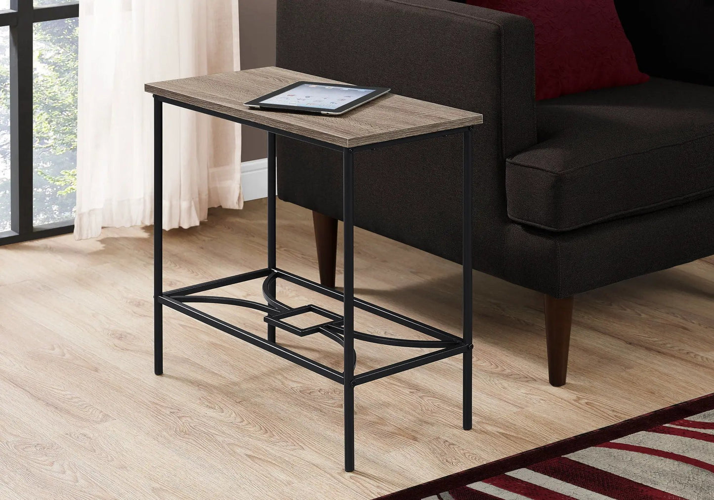 Accent side table narrow 2-tier with wood top and black metal frame tablet resting on Tampa Home & Garden Store