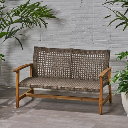Hampton Outdoor Acacia Wood Wicker Loveseat by HouseOfZazla brown wicker with wood frame on Tampa Home & Garden Store