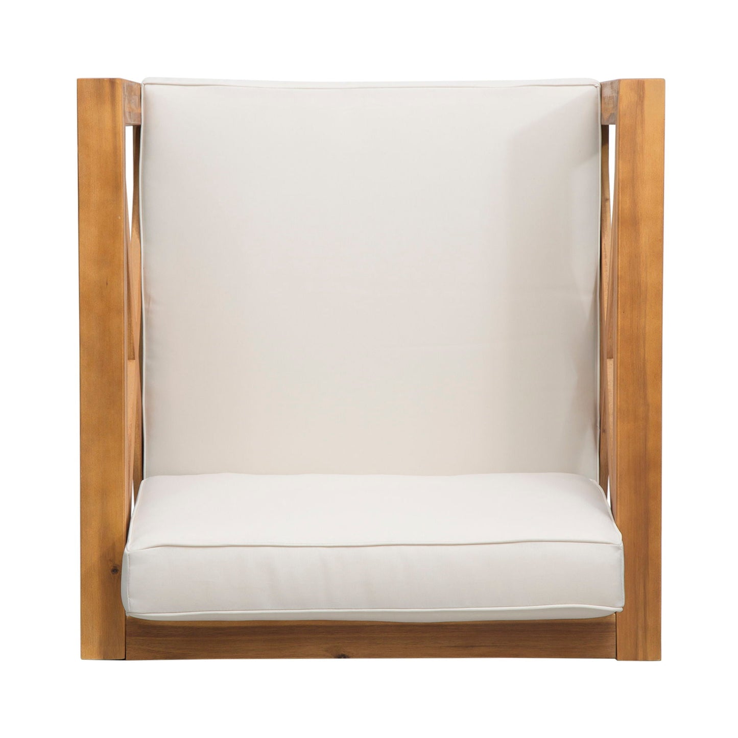 Brava outdoor arm chair with natural wood frame and white water resistant cushions HouseOfZazla on Tampa Home & Garden Store