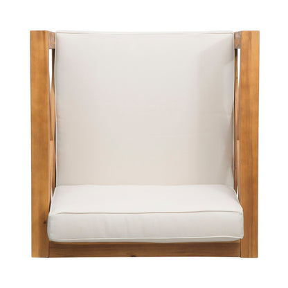 Brava outdoor arm chair with natural wood frame and white water resistant cushions HouseOfZazla on Tampa Home & Garden Store