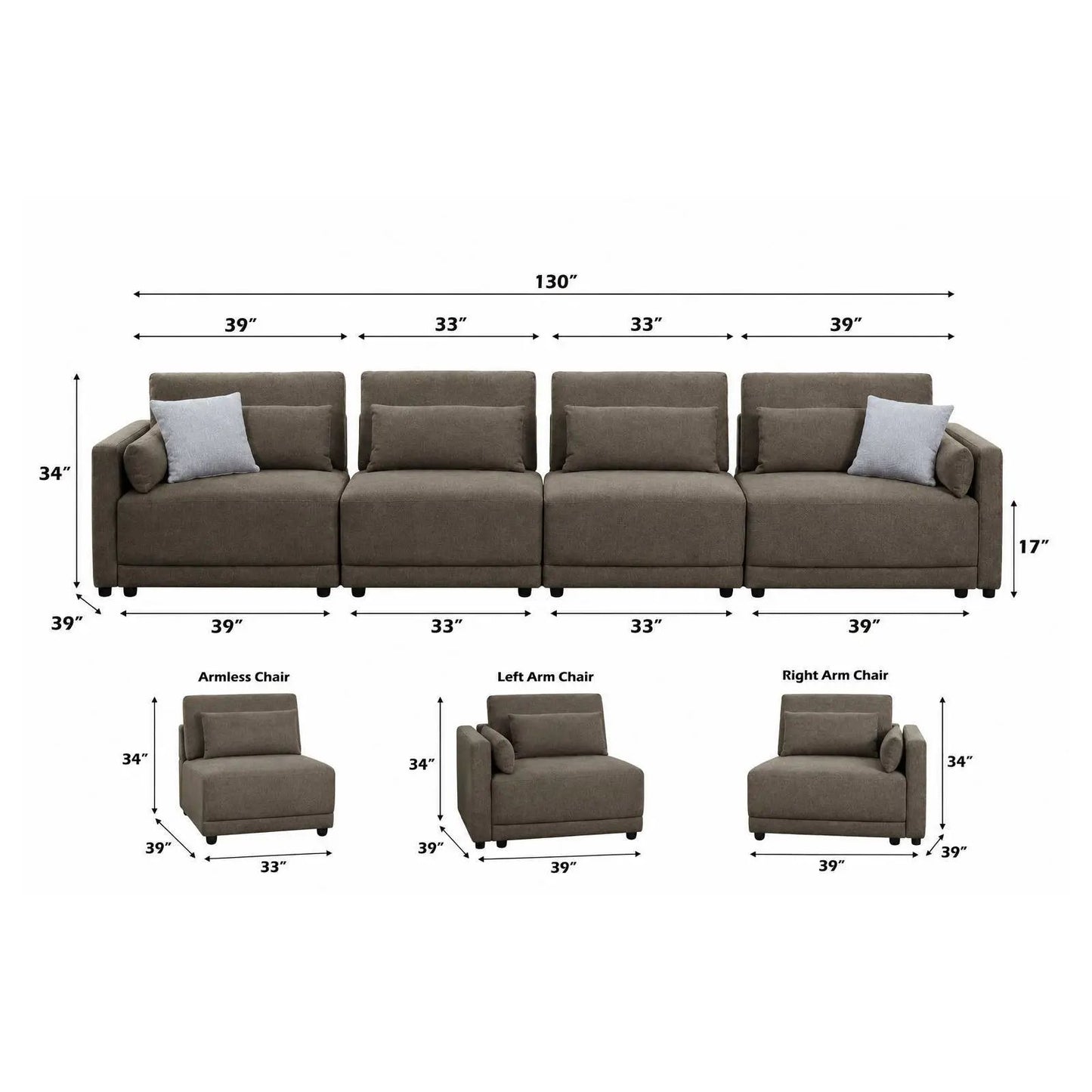 Rylie modular sectional sofa brown fabric with toss pillows, 4seat Unique Piece Furniture on Tampa Home & Garden Store