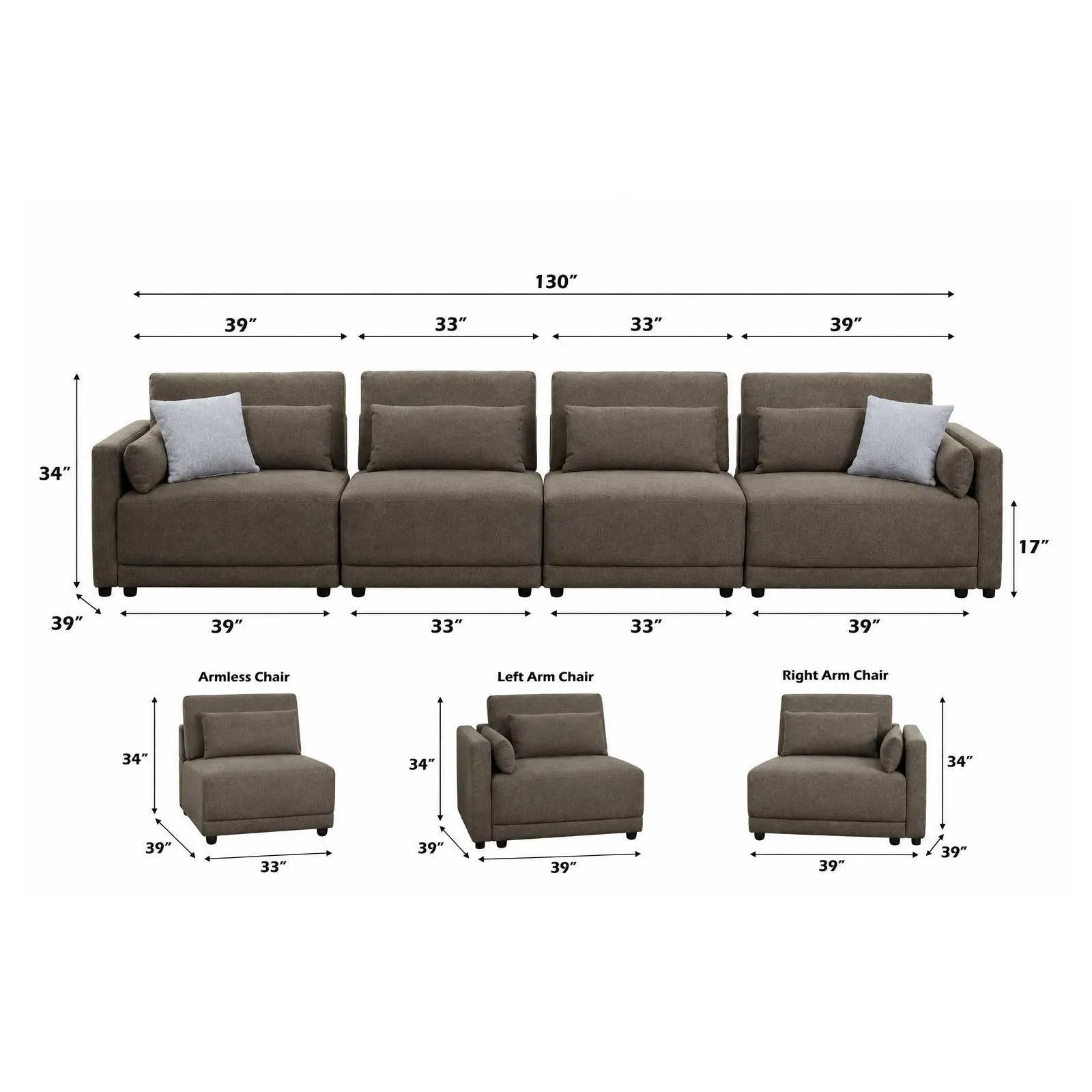Rylie modular sectional sofa brown fabric with toss pillows, 4seat Unique Piece Furniture on Tampa Home & Garden Store