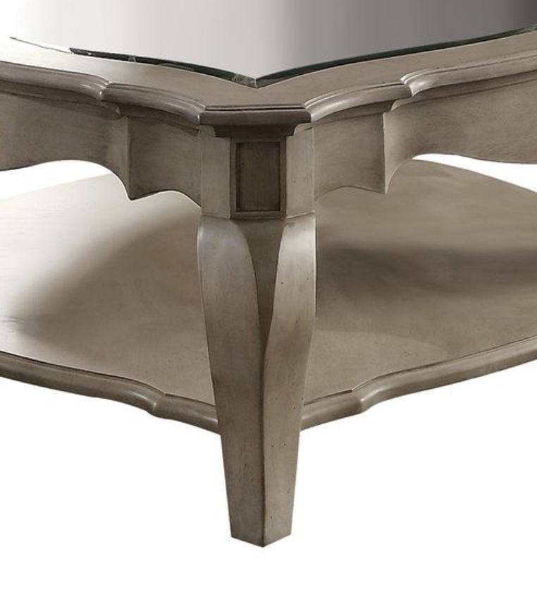Chelmsford Clear Glass Coffee Table Taupe wood frame with curved legs HouseOfZazla on Tampa Home & Garden Store