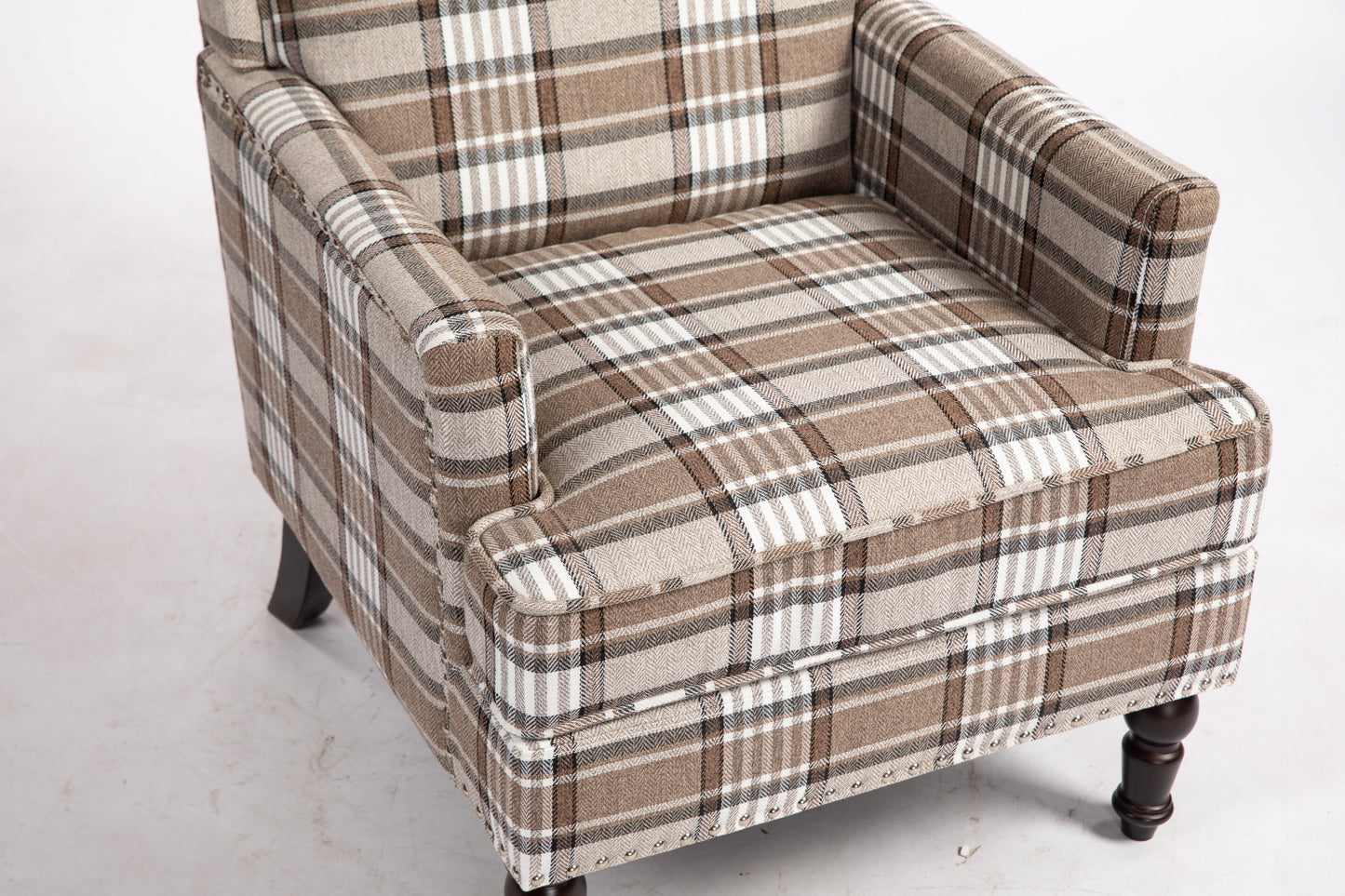 Upholstered Accent Chair in brown plaid linen fabric with nailhead trim and dark wood legs on Tampa Home & Garden Store
