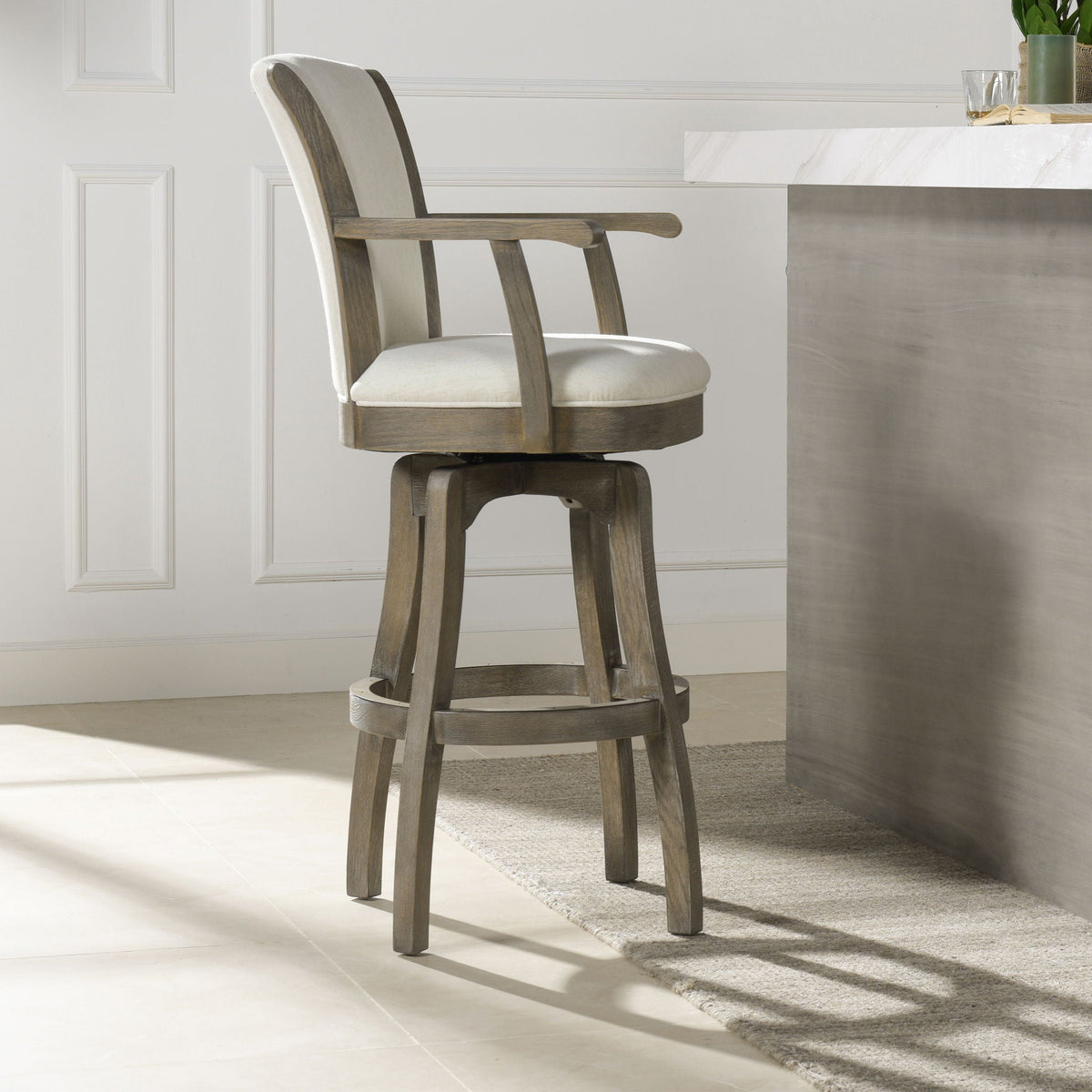 Williams Swivel Bar Stool with Armrests, solid hardwood frame, dark finish, beige upholstery on Tampa Home & Garden Store