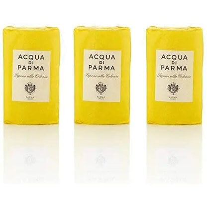 Acqua di Parma Colonia wrapped bar soaps, yellow packaging, 3-count set on Tampa Home & Garden Store
