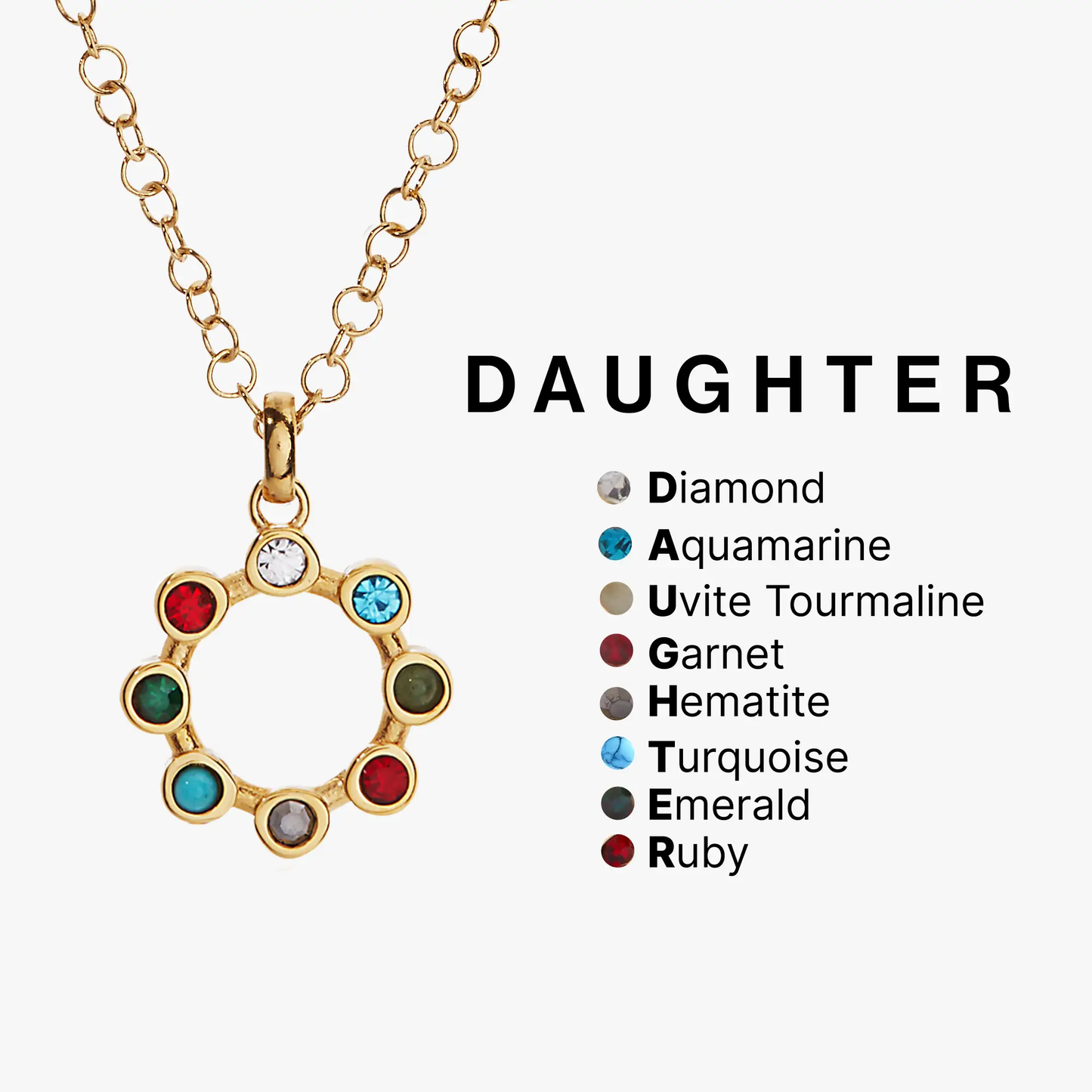 Daughter Hidden Message Acrostic Necklace by ALEX AND ANI, gold open-link chain with bezel-set red, white, blue gems on Tampa Home & Garden Store