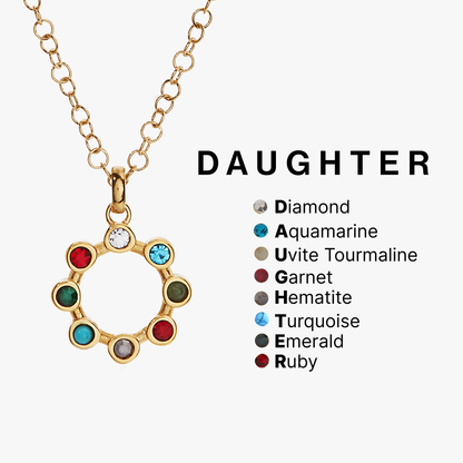 Daughter Hidden Message Acrostic Necklace by ALEX AND ANI, gold open-link chain with bezel-set red, white, blue gems on Tampa Home & Garden Store