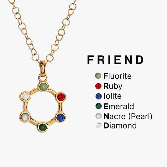 Friend Hidden Message Acrostic Necklace, gold-tone chain with multicolor gemstone pendant on Tampa Home & Garden Store
