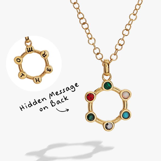 Mother Hidden Message Acrostic Necklace gold-tone chain with round letter beads spelling MOTHER on Tampa Home & Garden Store