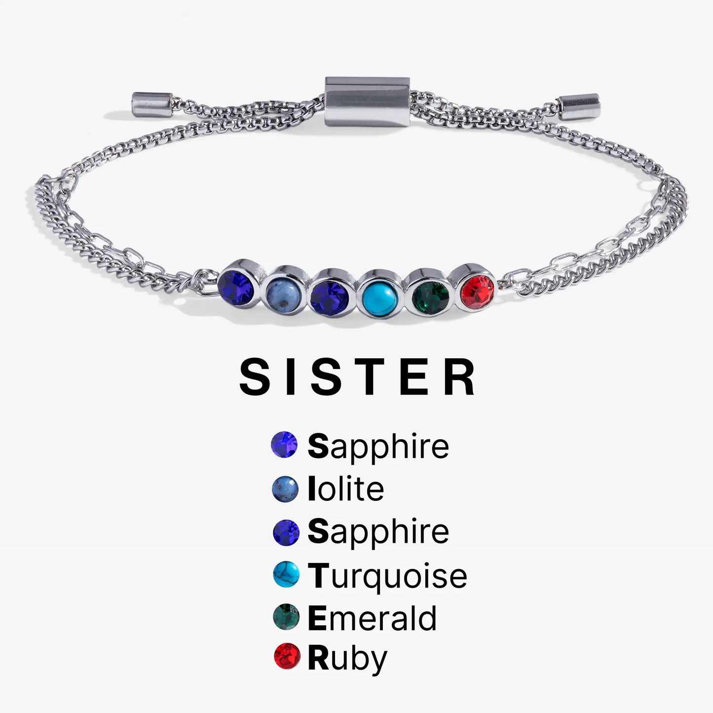 Sister Hidden Message Acrostic Bolo Bracelet, silver-tone chain with gemstone insets on Tampa Home & Garden Store