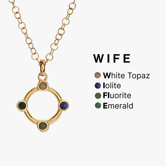 Wife Hidden Message Acrostic Necklace on gold-tone chain with green and blue stones on Tampa Home & Garden Store