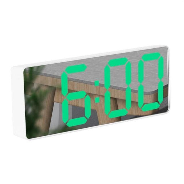 Acrylic mirror alarm clock by Stevvex with large green LED display dual alarm on Tampa Home & Garden Store