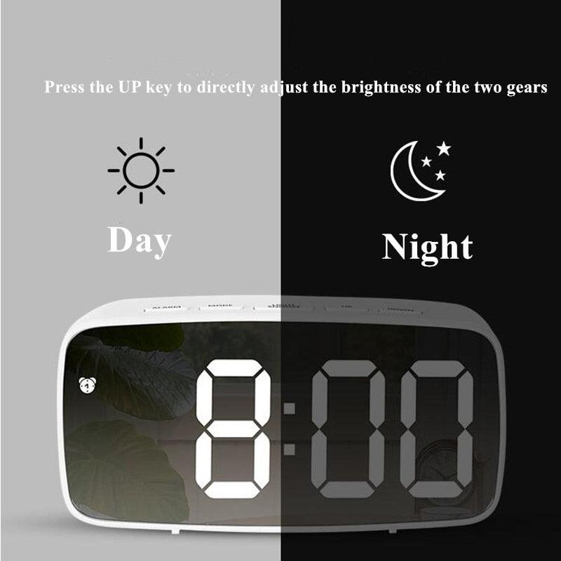 Stevvex acrylic mirror LED alarm clock with day/night brightness and large digital display on Tampa Home & Garden Store